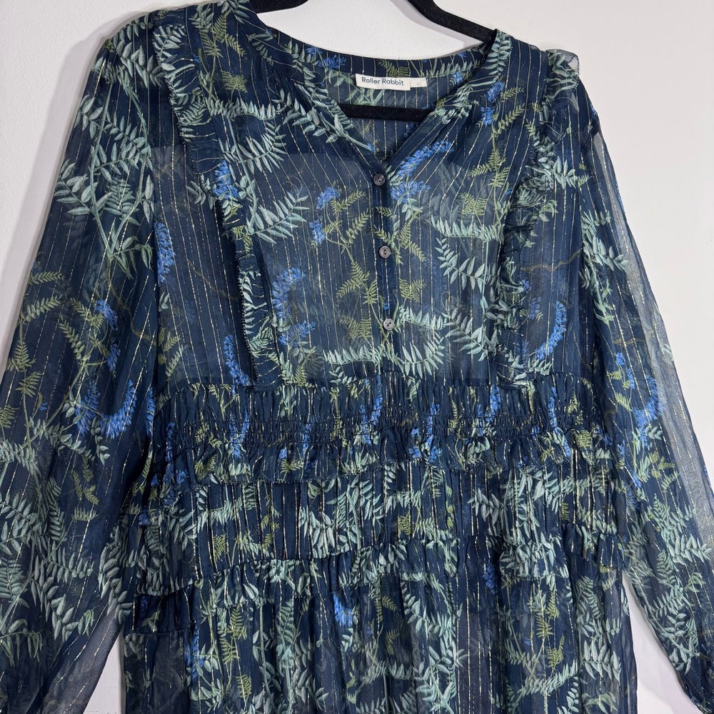 Roller Rabbit Silk Midi Dress Blue Metallic Floral Size L - Picture 3 of 7